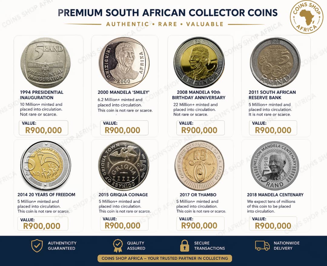 Eight Mandela R5 commemorative coins arranged in a grid
